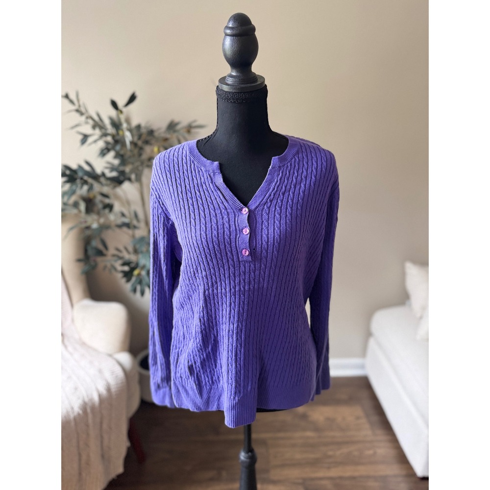 Jeanne Pierre Purple Cable Knit Henley Sweater Cotton Long Sleeve Large